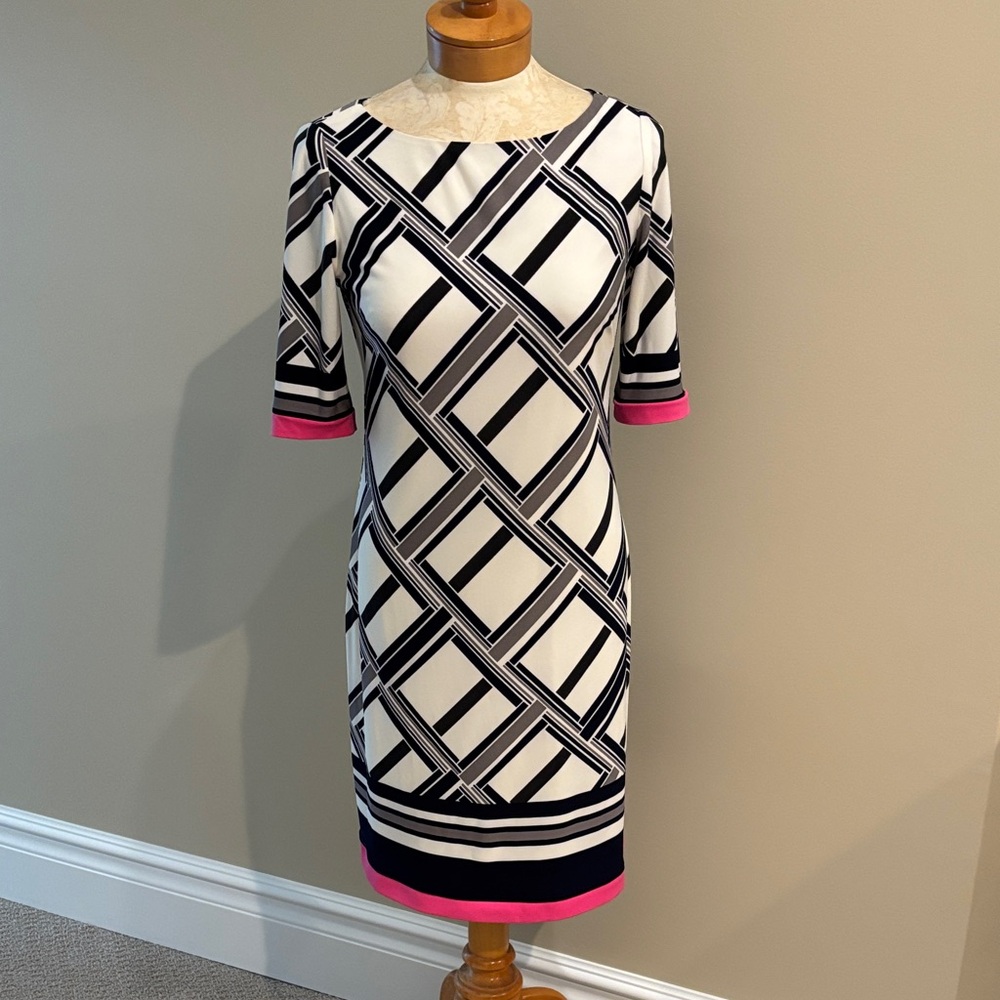 Chic Black and White Geometric Dress with Pink Accents